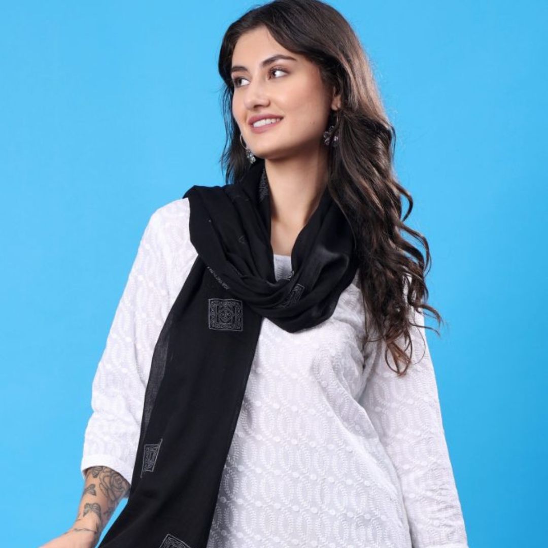 INDHA Stole | Black Cotton Stole | Hand Block Printed White Geometric Design Pattern | Hand Block Printed Stole | Stoles For Women | Ethnic Stoles | Gifting | Fashion Wear | Indo Western Stole | Fashion Accessory | Light Weight Voil Fabric