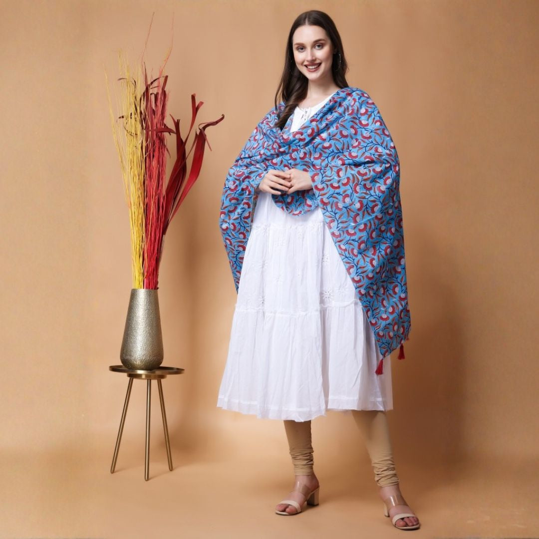 INDHA Stole | Sky Blue Cotton Stole | Hand Block Printed Red And White Flower Design Motif | Hand Block Printed Stole | Stoles For Women | Traditional Stoles | Gifting | Fashion Wear | Indo Western Stole | Fashion Accessory
