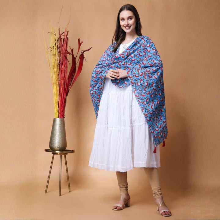 INDHA Stole | Sky Blue Cotton Stole | Hand Block Printed Red And White Flower Design Motif | Hand Block Printed Stole | Stoles For Women | Traditional Stoles | Gifting | Fashion Wear | Indo Western Stole | Fashion Accessory