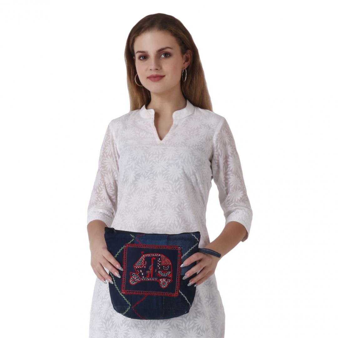 Blue Denim Patchwork with Red & White Auto Rickshaw Design Hand Embroidered Utility Pouch | Accessory | Travel Utility | Travel Pouch
