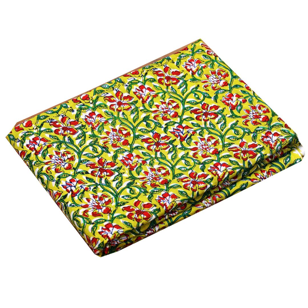 INDHA Hand Block-Printed Cotton Fabric | Red And White Floral Design Motif Lemon Green Cotton Fabric | Hand Block Printed Fabric | Home Utility | Fashion Utility | Gifting | Gifts For Him | Gifts For Her | Home Furnishing | Jaipuri Block Print Fabric