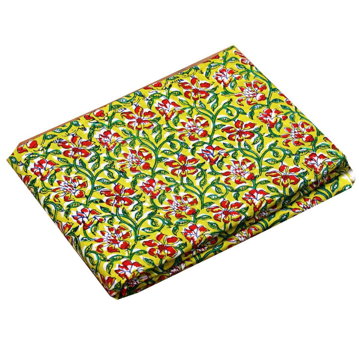 INDHA Hand Block-Printed Cotton Fabric | Red And White Floral Design Motif Lemon Green Cotton Fabric | Hand Block Printed Fabric | Home Utility | Fashion Utility | Gifting | Gifts For Him | Gifts For Her | Home Furnishing | Jaipuri Block Print Fabric
