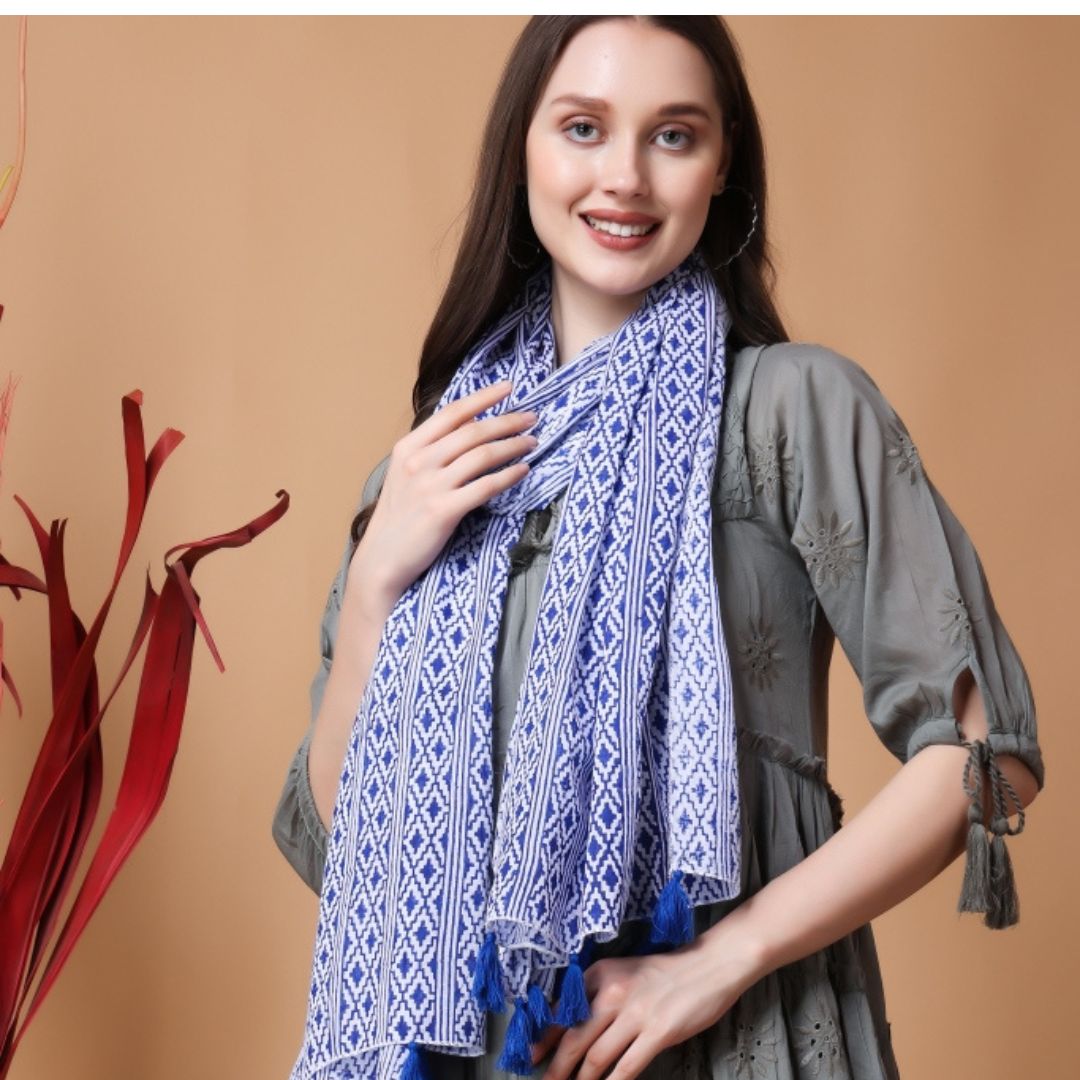 INDHA Stole | White Cotton Stole | Hand Block-Printed Blue Geometric Design Pattern | Hand Block Printed Stole | Stoles For Women | Traditional Stoles | Gifting | Fashion Wear | Indo Western Stole | Fashion Accessory