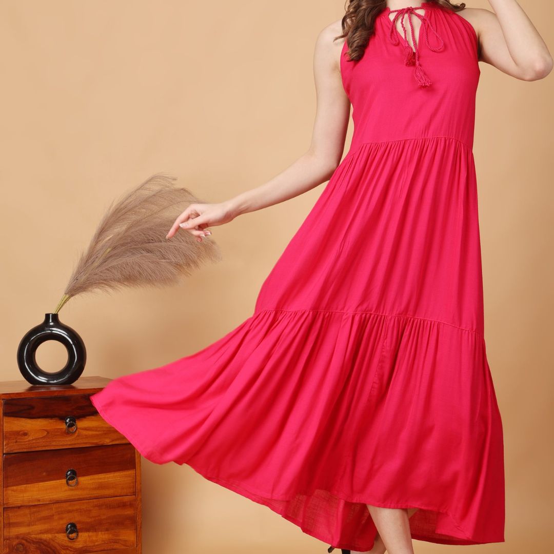 Indha Women Solid Flared Pink Dress  | Long Dress | Rayon Dress -XL