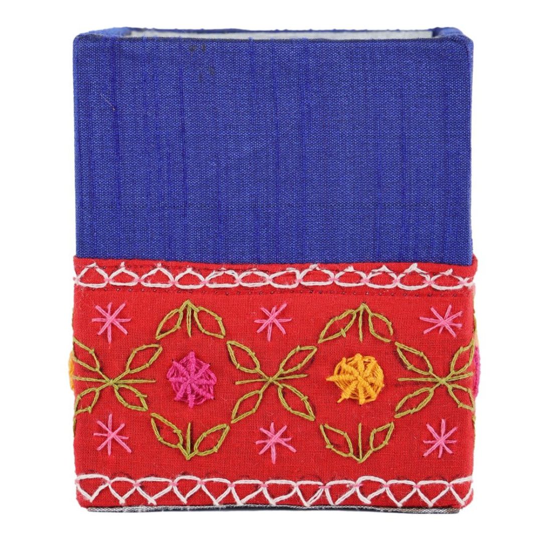 INDHA Chain Stitch Floral Design Pattern Hand Embroidered Blue &amp; Red Pen Stand | Dupion Silk Pen Stand | Cotton Pen Stand | Desk Organizer | Desk Utility | Corporate Gifting | Pen Holder | Handcrafted Pen Stand