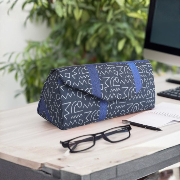 Indha Eyewear Case | Handcrafted Eyewear Case | Steel Grey Dupion Silk Eyewear Case | White And Blue Abstract Line Pattern Design Digitally Printed | Handmade Eyewear Case | Gifting | Travel Utility | Travel Accessory | Sunglasses Case |