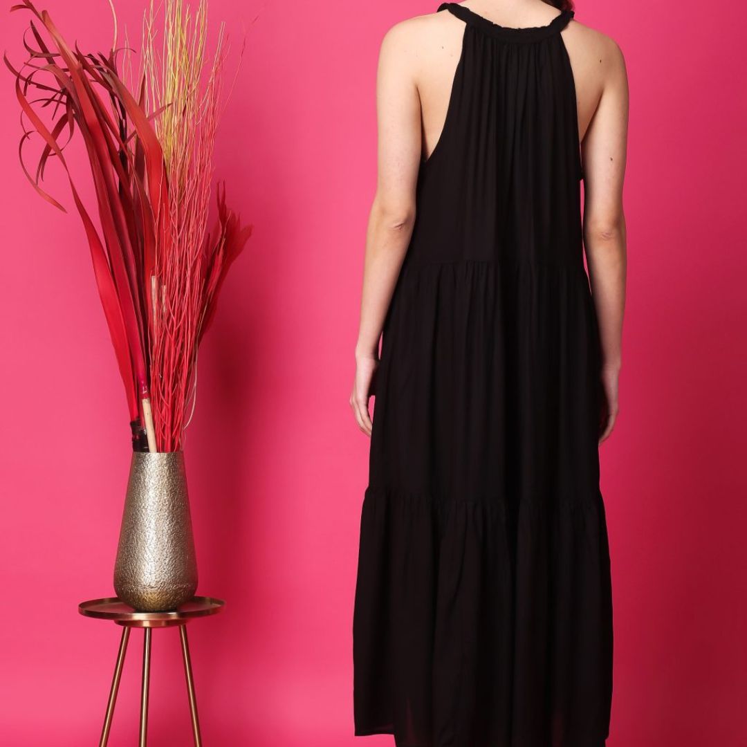 Indha Women Solid Flared Black Dress  | Long Dress | Rayon Dress -XL