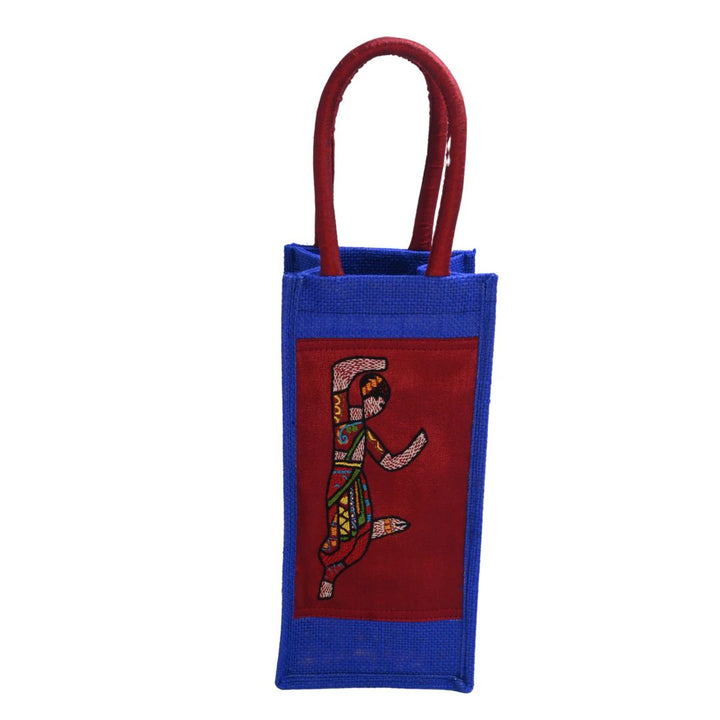 Indha Blue Jute Bottle Carry Bag – Dancing Lady Appliqué | Eco-Friendly &amp; Handcrafted