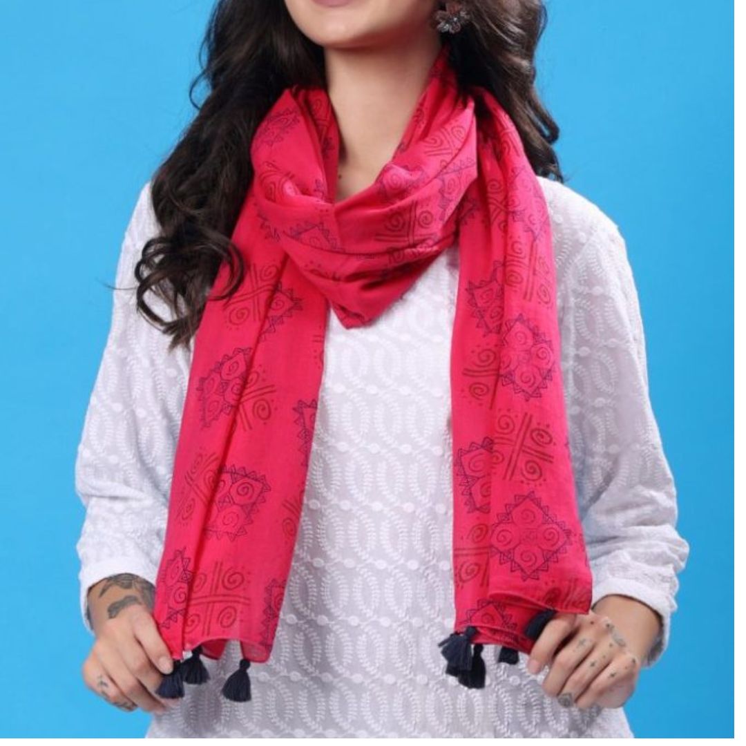 INDHA Stole | Pink Voil Cotton Stole | Hand Block Printed Blue &amp; Red Gemetric Pattern | Hand Block Printed Stole | Stoles for Women | Ethnic Stoles | Gifting | Fashion Wear | Indo Western Stole | Fashion Accessory | Light Weight Voil Fabric