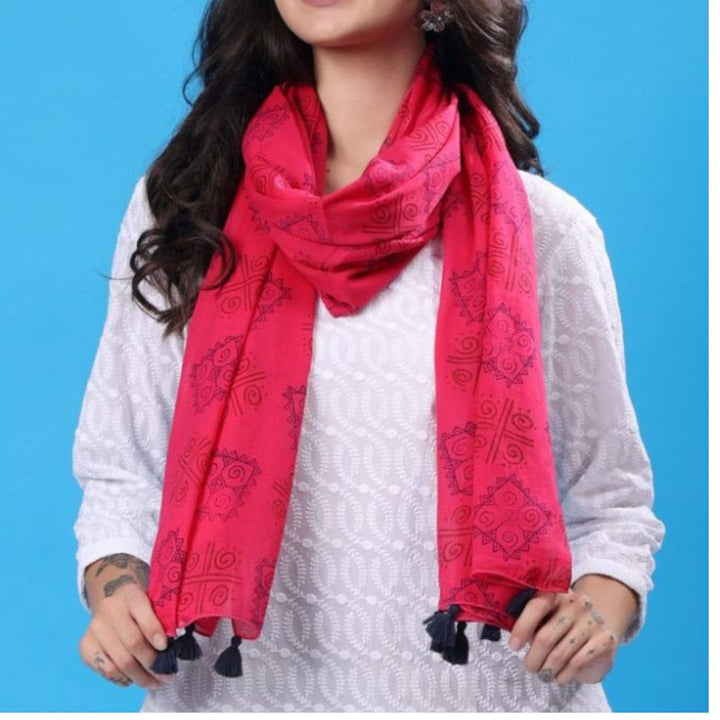 INDHA Stole | Pink Voil Cotton Stole | Hand Block Printed Blue &amp; Red Gemetric Pattern | Hand Block Printed Stole | Stoles for Women | Ethnic Stoles | Gifting | Fashion Wear | Indo Western Stole | Fashion Accessory | Light Weight Voil Fabric