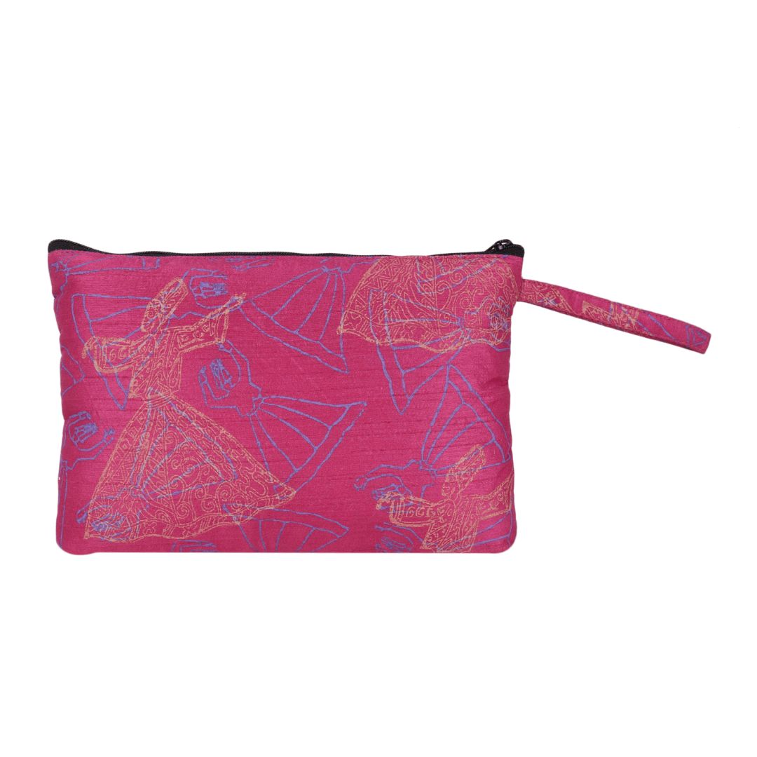 INDHA Pink Colour Hand Block Printed Silk Pencil Pouch/Multipurpose Pouch/Utility Pouch
