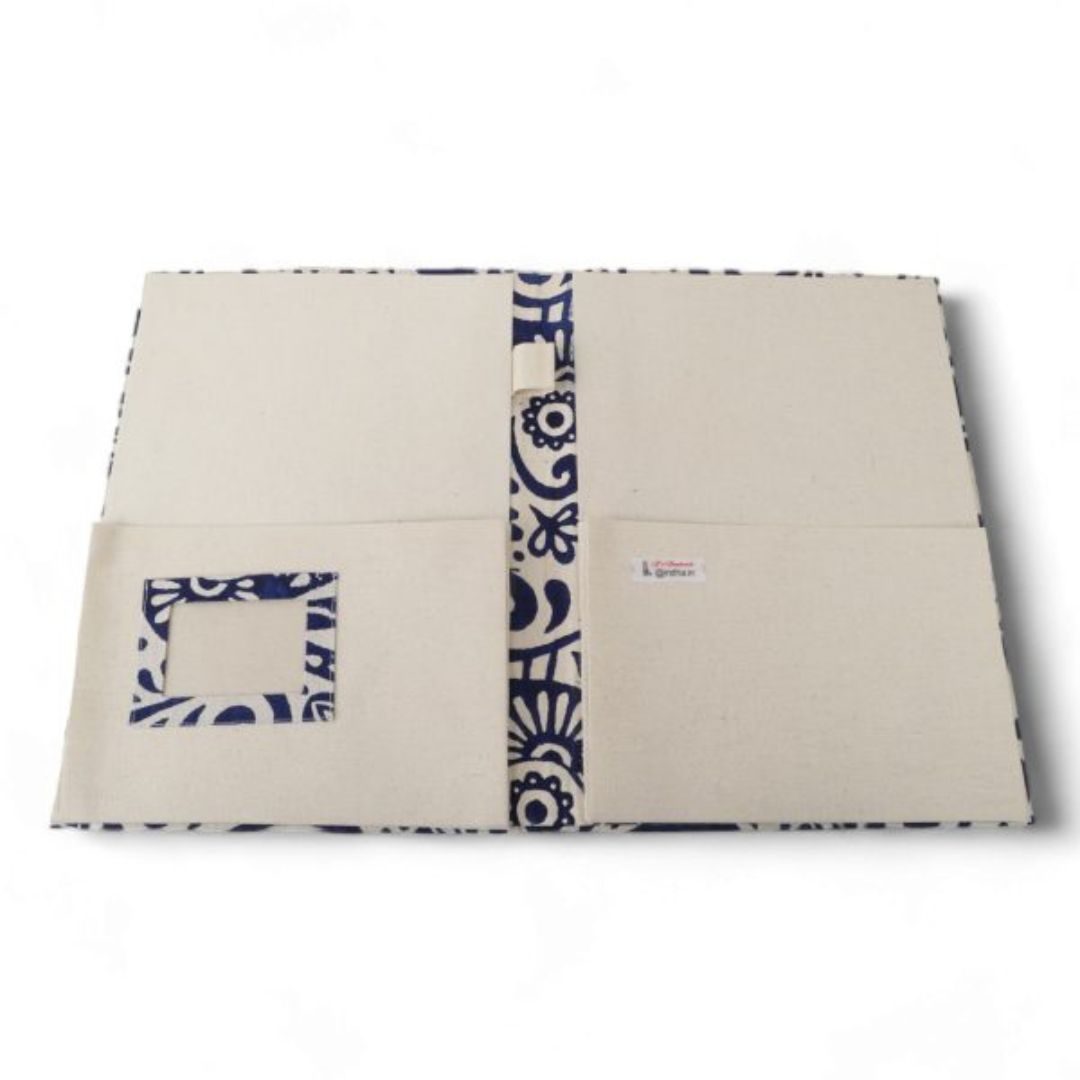 Indha Abstract Block-print File Folder | Handcraft Document Folder | Dusk Blue and Ivory File Folder| Block Printed  Ethnic Abstract Design | Cotton File Folder | Sustainable Office Supplies