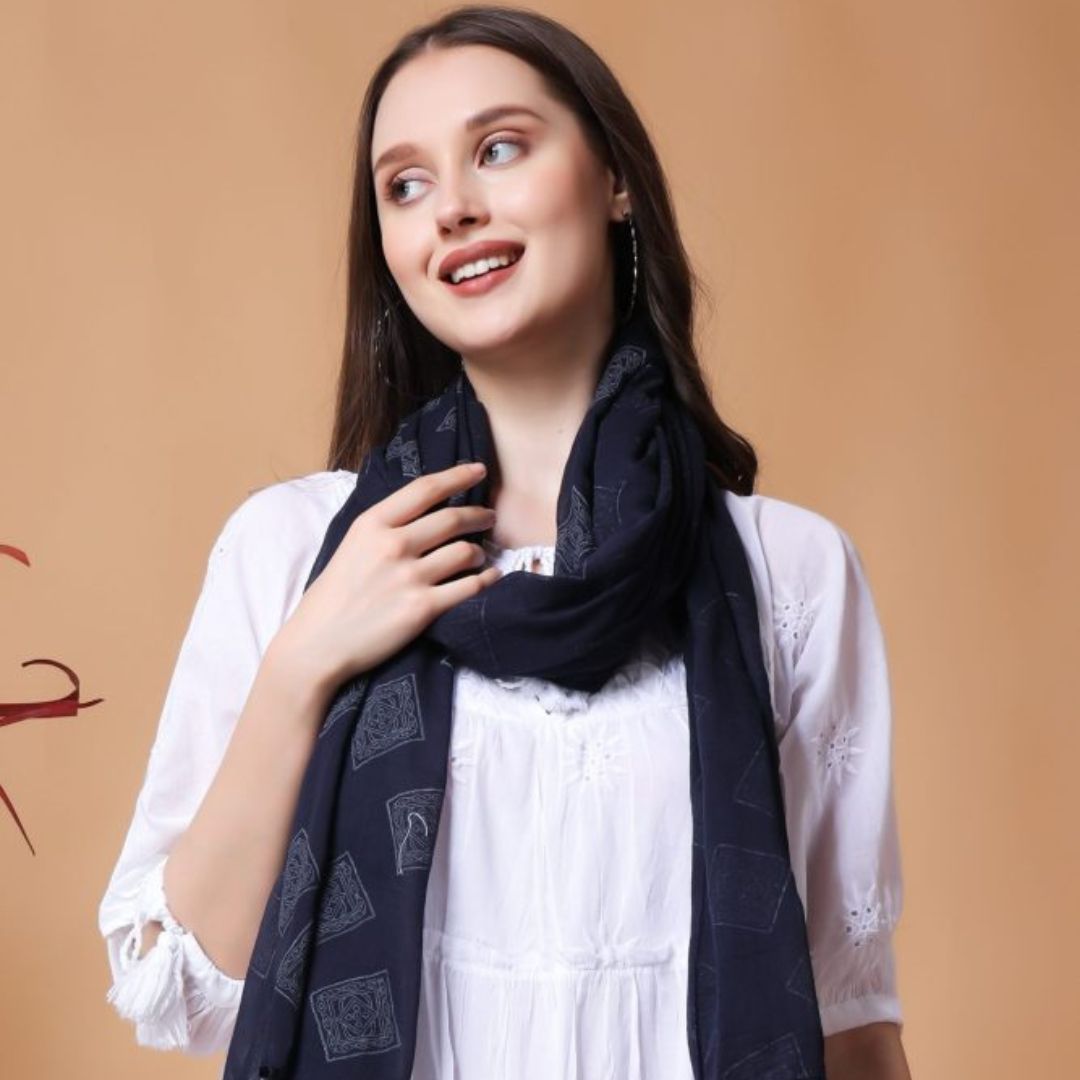 INDHA Block-Printed Cotton Stole Black | Hand Block Printed Grey Geometric Square Design Motif | Hand Block Printed Stole | Stoles For Women | Traditional Stoles | Gifting | Fashion Wear | Indo Western Stole | Fashion Accessory