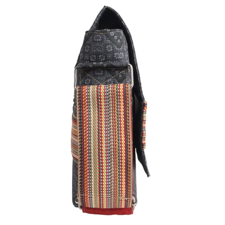 Indha Sling Bag | Handcrafted Sling Bag | Grey Cotton Canvas Sling Bag| Mild Blue Ethnic Geometric Pattern Design | Multicolor Cotton Niwar Strap |