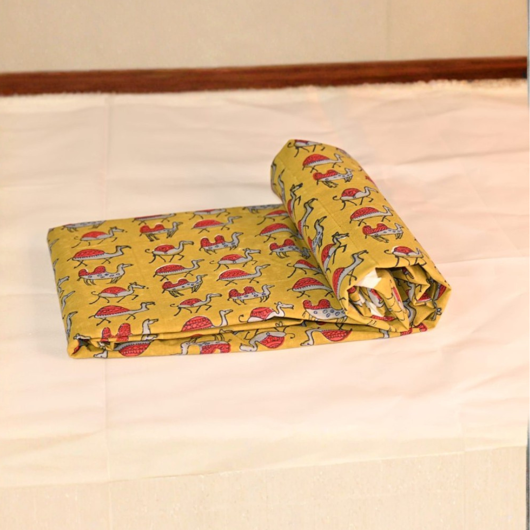 INDHA Hand Block-Printed Cotton Fabric | Red And Grey Camel Design Motif Mustard Yellow Cotton Fabric | Hand Block Printed Fabric | Home Utility | Fashion Utility | Gifting | Gifts For Him | Gifts For Her | Home Furnishing | Jaipuri Block Print Fabric