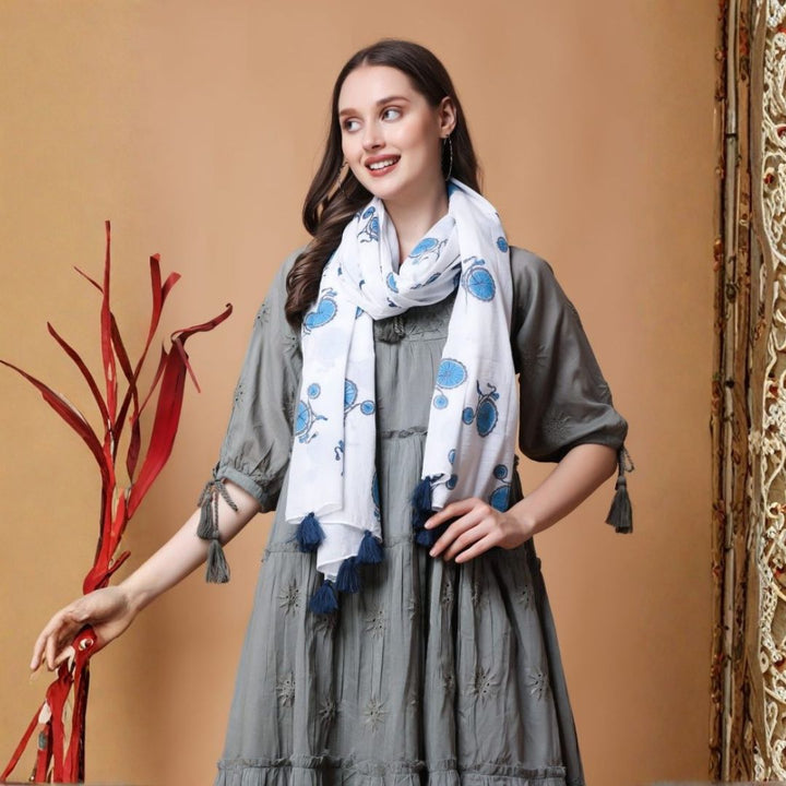 INDHA Stole | White Cotton Stole | Hand Block Printed Blue Cycle Design Motif | Hand Block Printed Stole | Stoles For Women | Traditional Stoles | Gifting | Fashion Wear | Indo Western Stole | Fashion Accessory