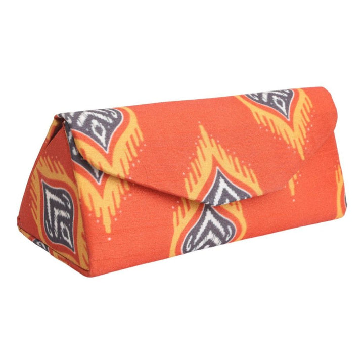 INDHA Eyewear Case | Handcrafted Eyewear Case | Orange Dupion Eyewear Case | Blue and Yellow Flame Design Motif Digitally Printed |