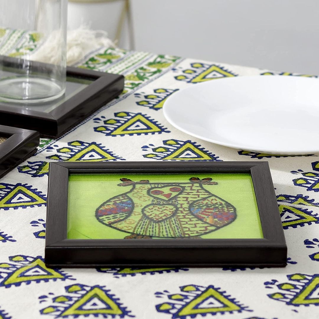 INDHA Neon Green Hand-Embroidered Wooden Glass Coaster for Home/Office Coffee Table set of 2
