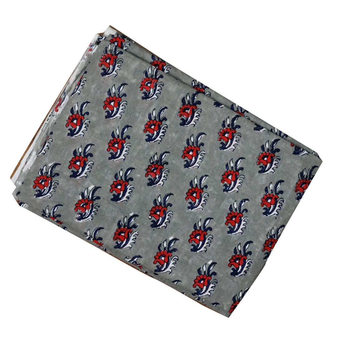 INDHA Hand Block-Printed Cotton Fabric |Multicolor Floral Design Motif Grey Cotton Fabric | Hand Block Printed Fabric | Home Utility | Fashion Utility | Gifting | Gifts For Him | Gifts For Her | Home Furnishing | Jaipuri Block Print Fabric