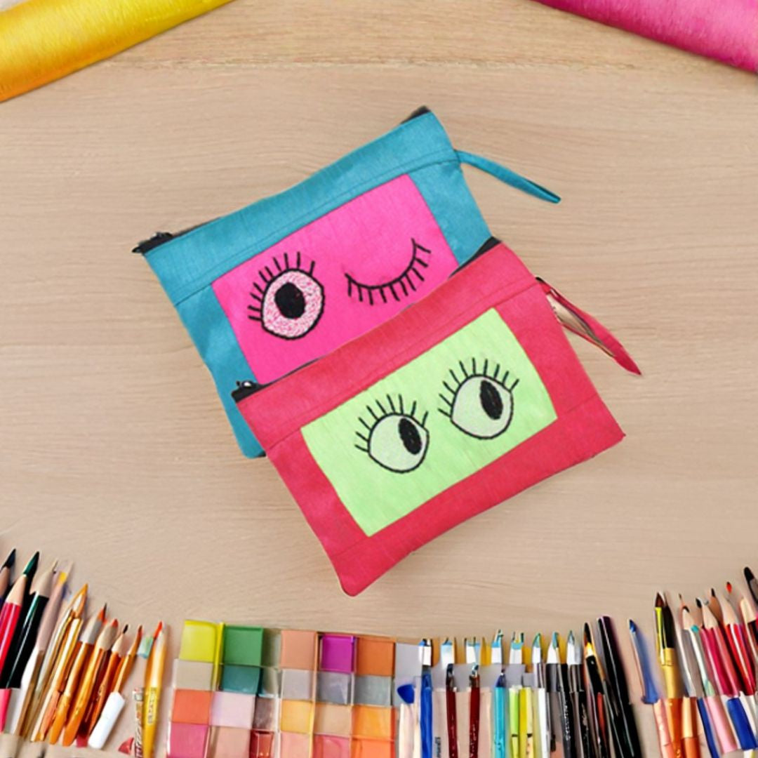 Indha Eyes Embroidery Pencil Pouch Bag Case with Zip for Students, School Supply Organizer Stationery Zip Pouch Bag for Kids Return Gifts