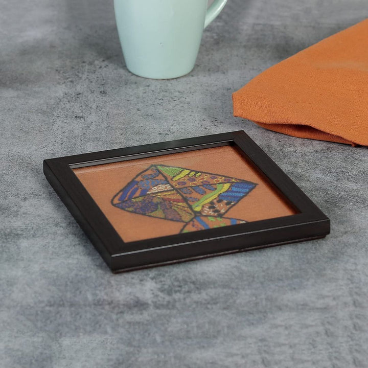 INDHA Rust-Colored Tribal Hand-Embroidered Table Top Wooden, Glass Coaster for Tea/Coffee Table set of 2