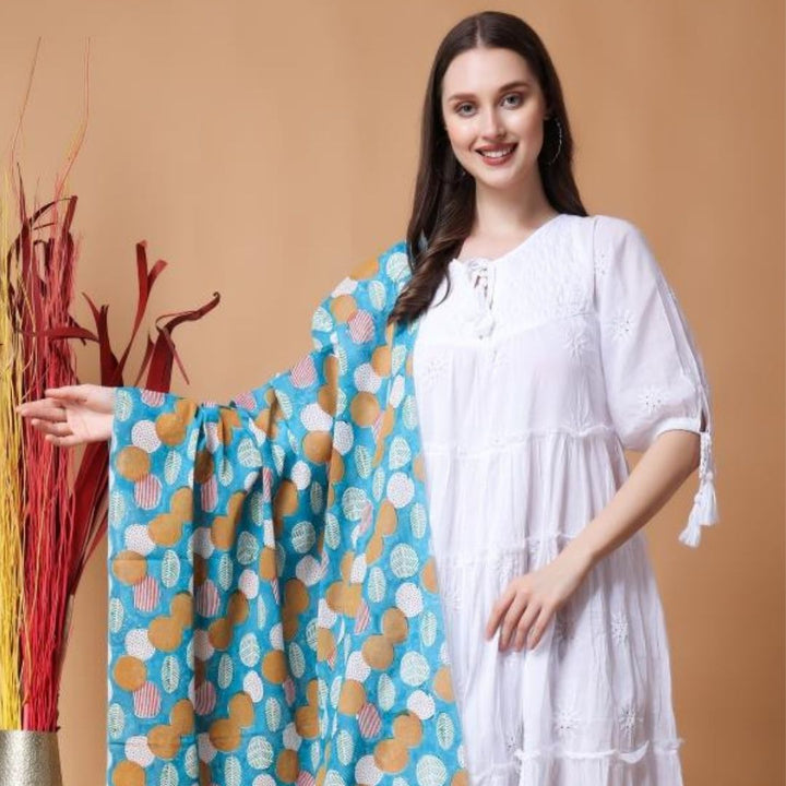 INDHA Hand Block Printed Cotton Stole Blue | Hand Block Printed Multicolor Abstract Geometric Design Pattern | Hand Block Printed Stole | Stoles For Women | Traditional Stoles | Gifting | Fashion Wear | Indo Western Stole | Fashion Accessory