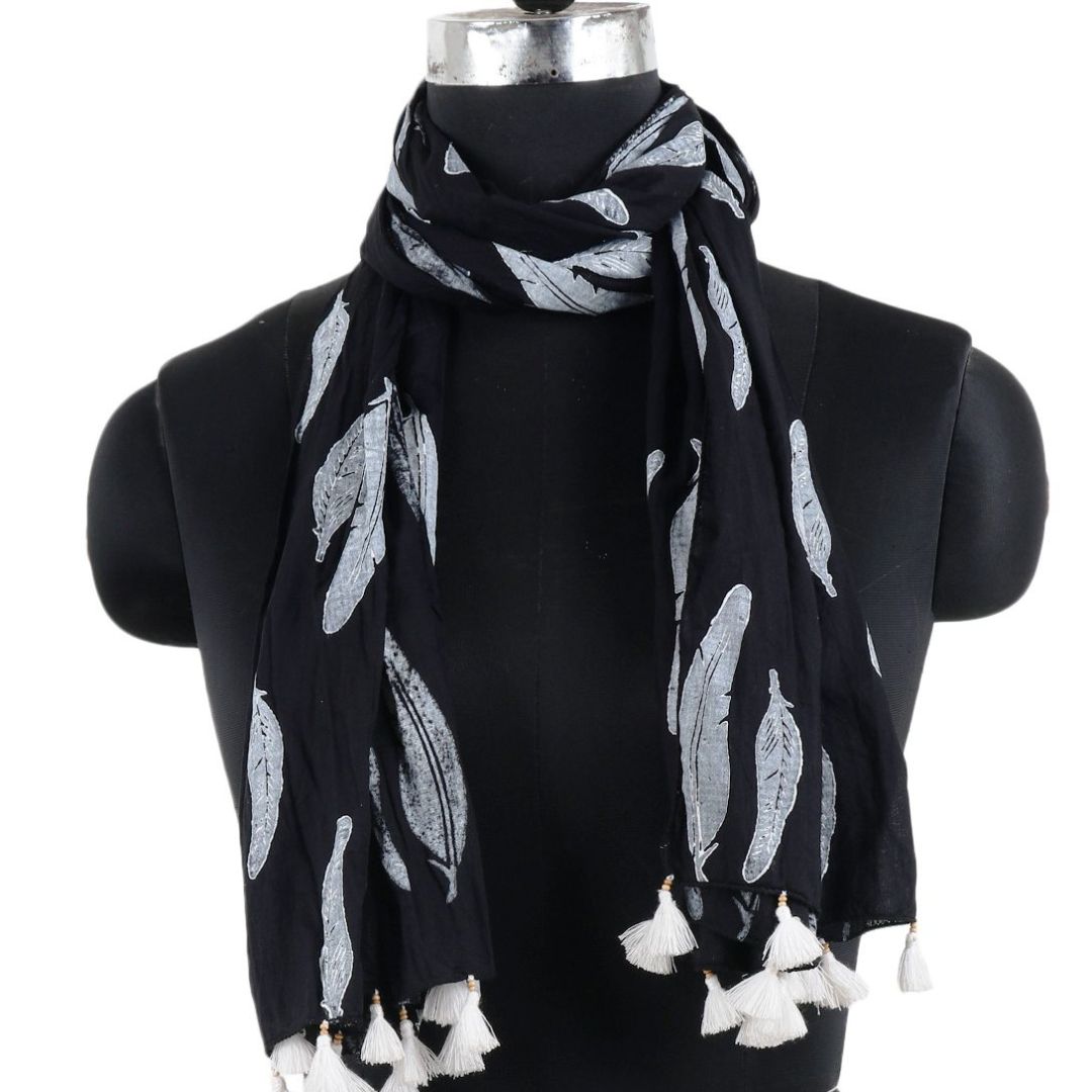 INDHA Ethnic Feather Design Hand Block Printed Black Color Cotton Stole for Girls/Women