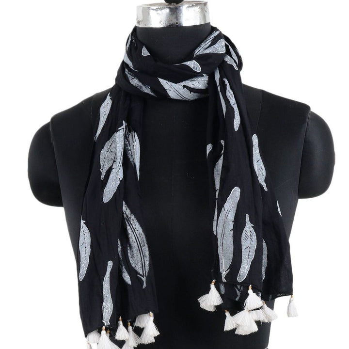 INDHA Ethnic Feather Design Hand Block Printed Black Color Cotton Stole for Girls/Women
