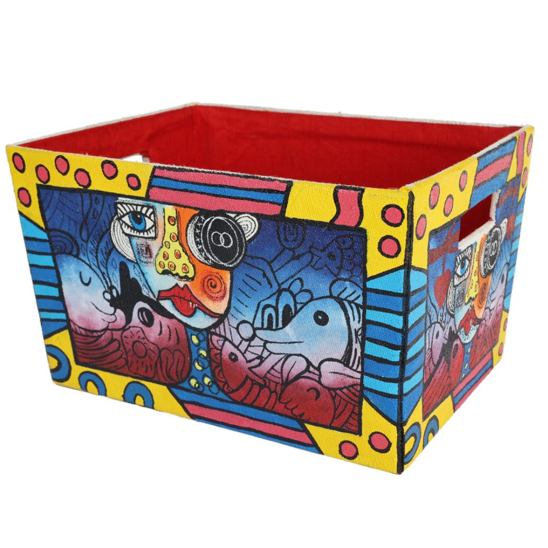 INDHA Hand-Painted Gift Basket with Multicoloured Abstract design | Cotton Canvas Gift &amp; Storage Basket | Handcrafted Basket | Festive Gift Basket | Gift Baskets | Hand painted Basket | Decoration Basket | Storage Box
