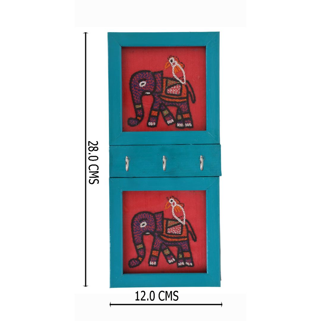 Indha Hand-Embroidered 3-Hook Key Holder | Elephant Motif Wall Art | Crafted with Repurposed Wood | Functional &amp; Artistic Home Accent