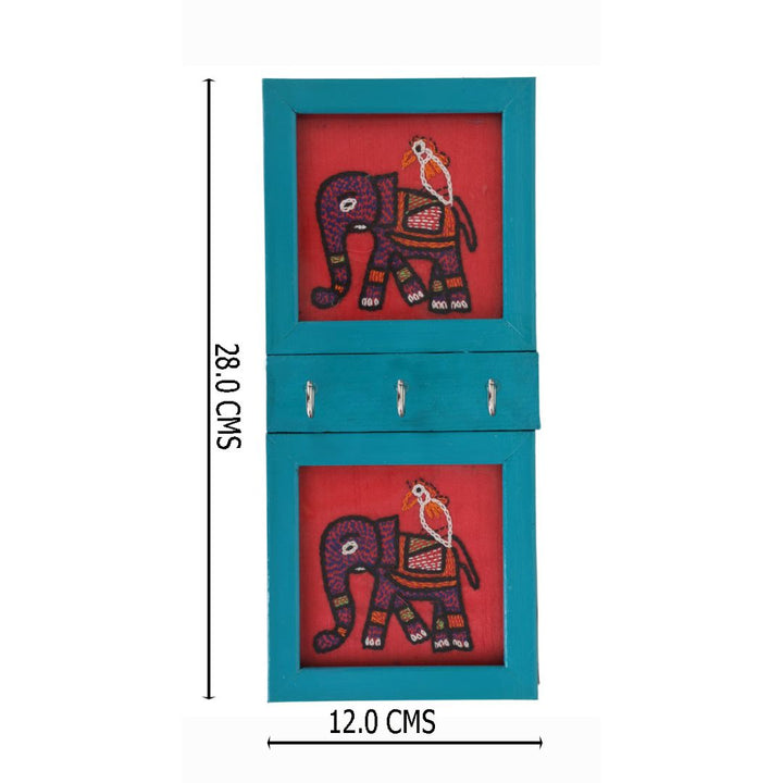 Indha Hand-Embroidered 3-Hook Key Holder | Elephant Motif Wall Art | Crafted with Repurposed Wood | Functional &amp; Artistic Home Accent