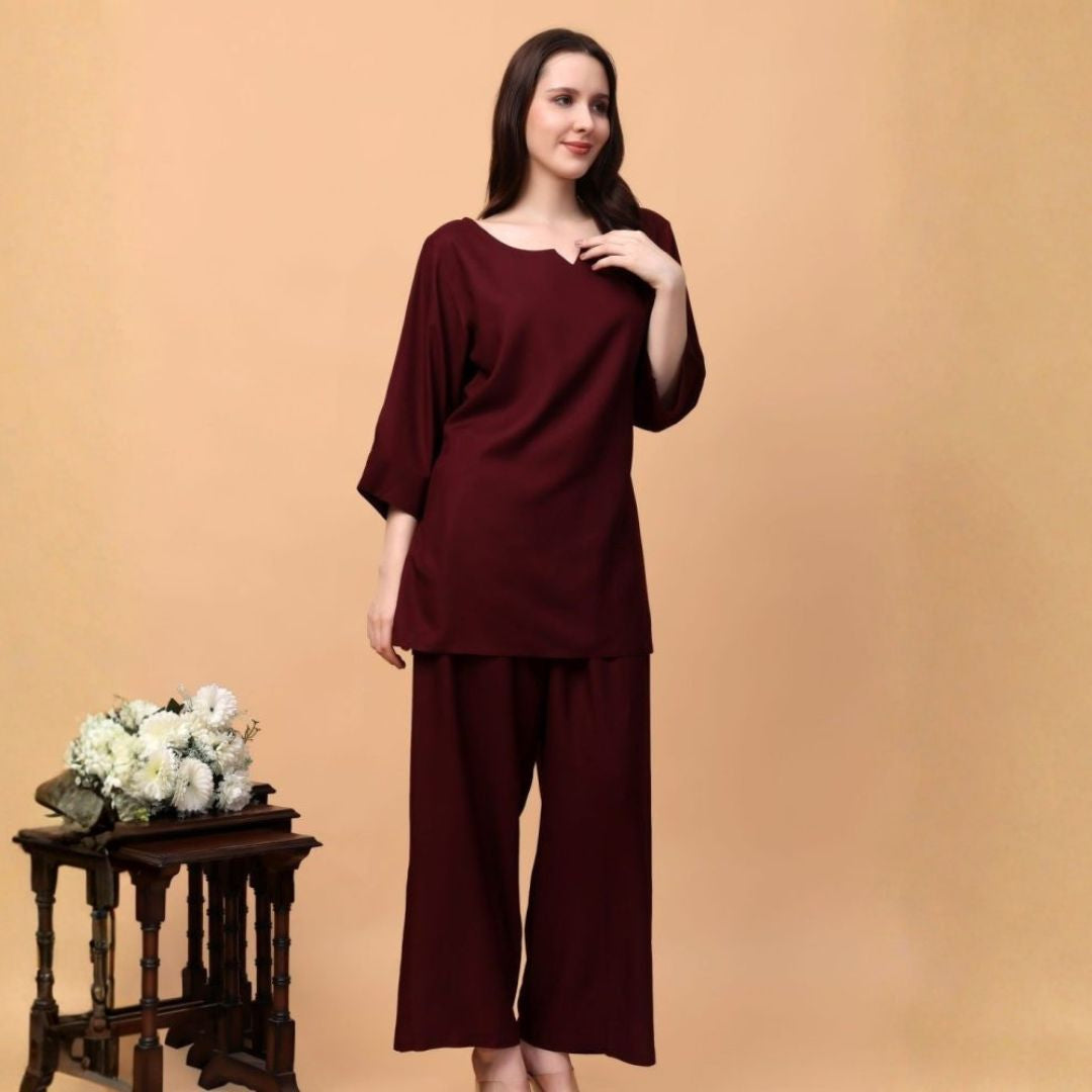 Indha Maroon Colour Coord Set for Women Fashion for Any Occasion  | Comfortable Cotton Sleepwear