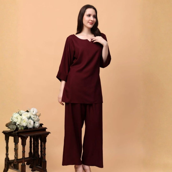 Indha Maroon Colour Coord Set for Women Fashion for Any Occasion  | Comfortable Cotton Sleepwear