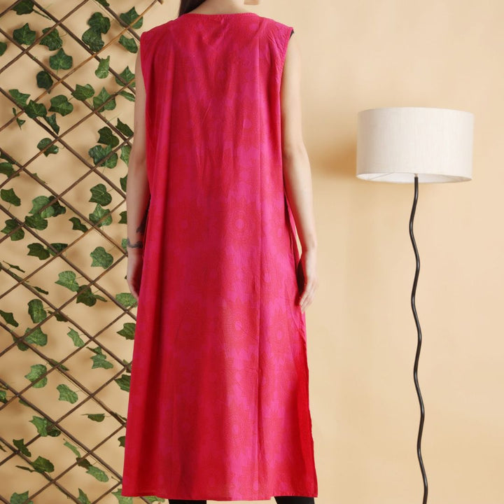 INDHA Rangoli Hand Block Printed Pink Cotton Shrug | Sleeveless Shrug | Long Shrug