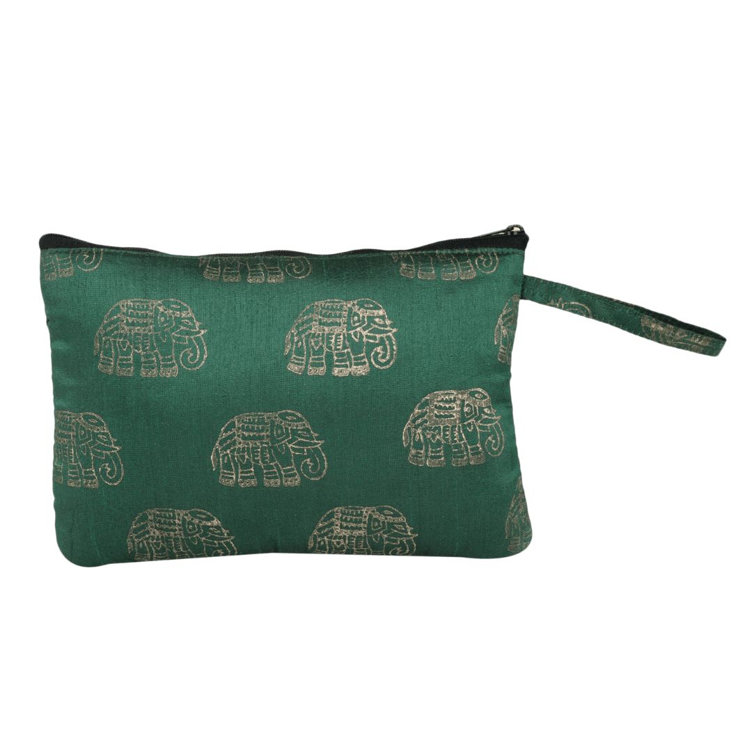 Green Colour Hand Block-Printed Utility Pouch/Pen, Pencil Pouch/Stationery Organizer/Cosmetic Pouch