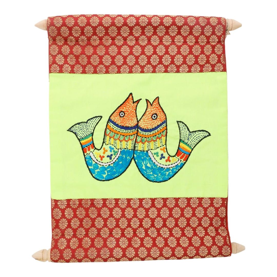 Indha Hand-Embroidered Wall Scroll | Lime-Green Dupion Silk with Red Brocade | Handmade Wall Hanging with Wooden Finials | Gift-Ready Ethical Home Décor