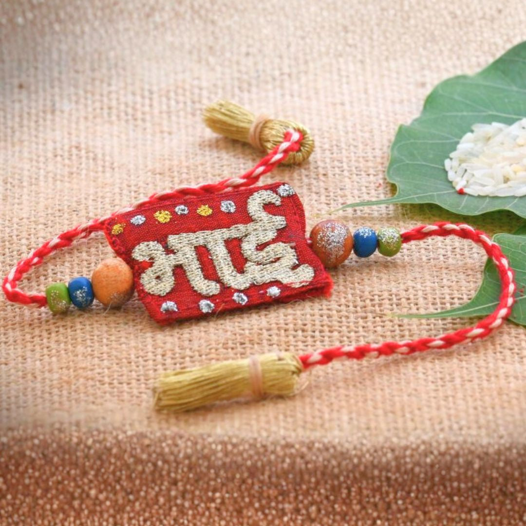 Indha Bhai Design Rakhi Set with Roli Chawal for Men (Pack of 1) | Embroidered Handcrafted Raksha Bandhan Bracelet for Brother