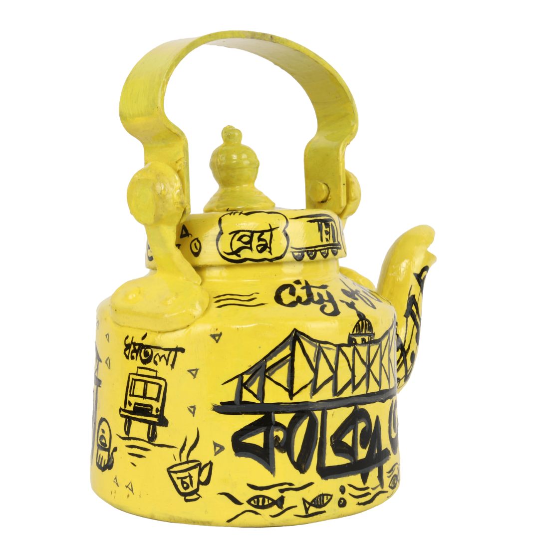 INDHA Kolkata City of Joy Yellow Colour Aluminum Hand-painted Tea/Coffee Kettle/Decorative Kettle