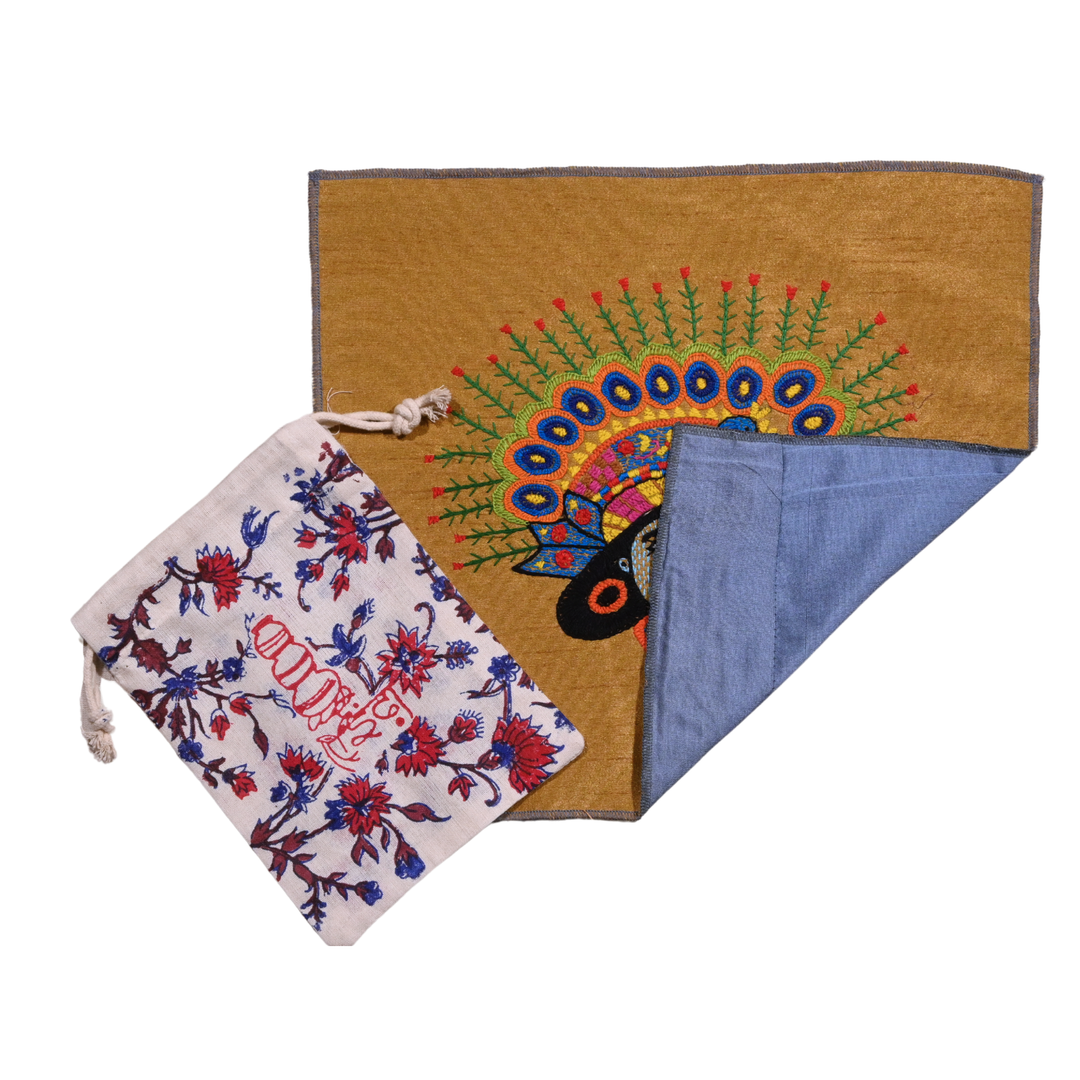 Indha Krishna Embroidery Art – Indian Folk Panel on Dupion Silk | Frameable Wall Hanging or Cushion DIY| Spiritual Silk Craft | With Potli