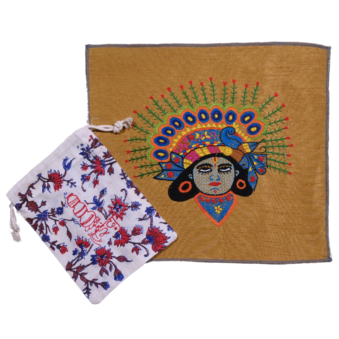 Indha Krishna Embroidery Art – Indian Folk Panel on Dupion Silk | Frameable Wall Hanging or Cushion DIY| Spiritual Silk Craft | With Potli