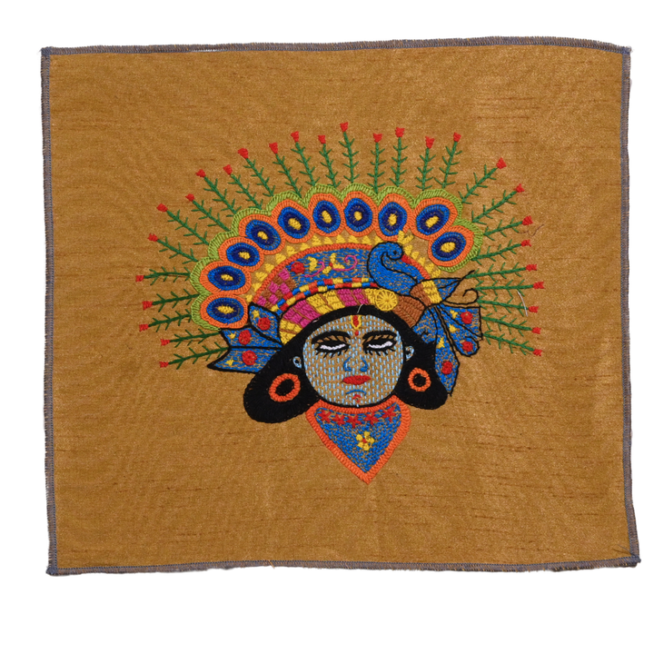Indha Krishna Embroidery Art – Indian Folk Panel on Dupion Silk | Frameable Wall Hanging or Cushion DIY| Spiritual Silk Craft | With Potli