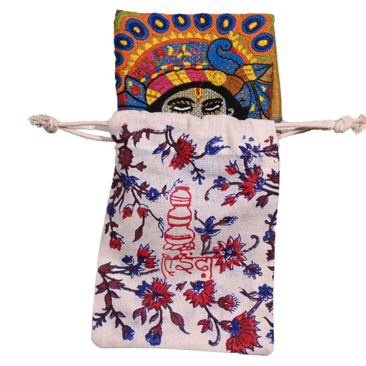 Indha Krishna Embroidery Art – Indian Folk Panel on Dupion Silk | Frameable Wall Hanging or Cushion DIY| Spiritual Silk Craft | With Potli