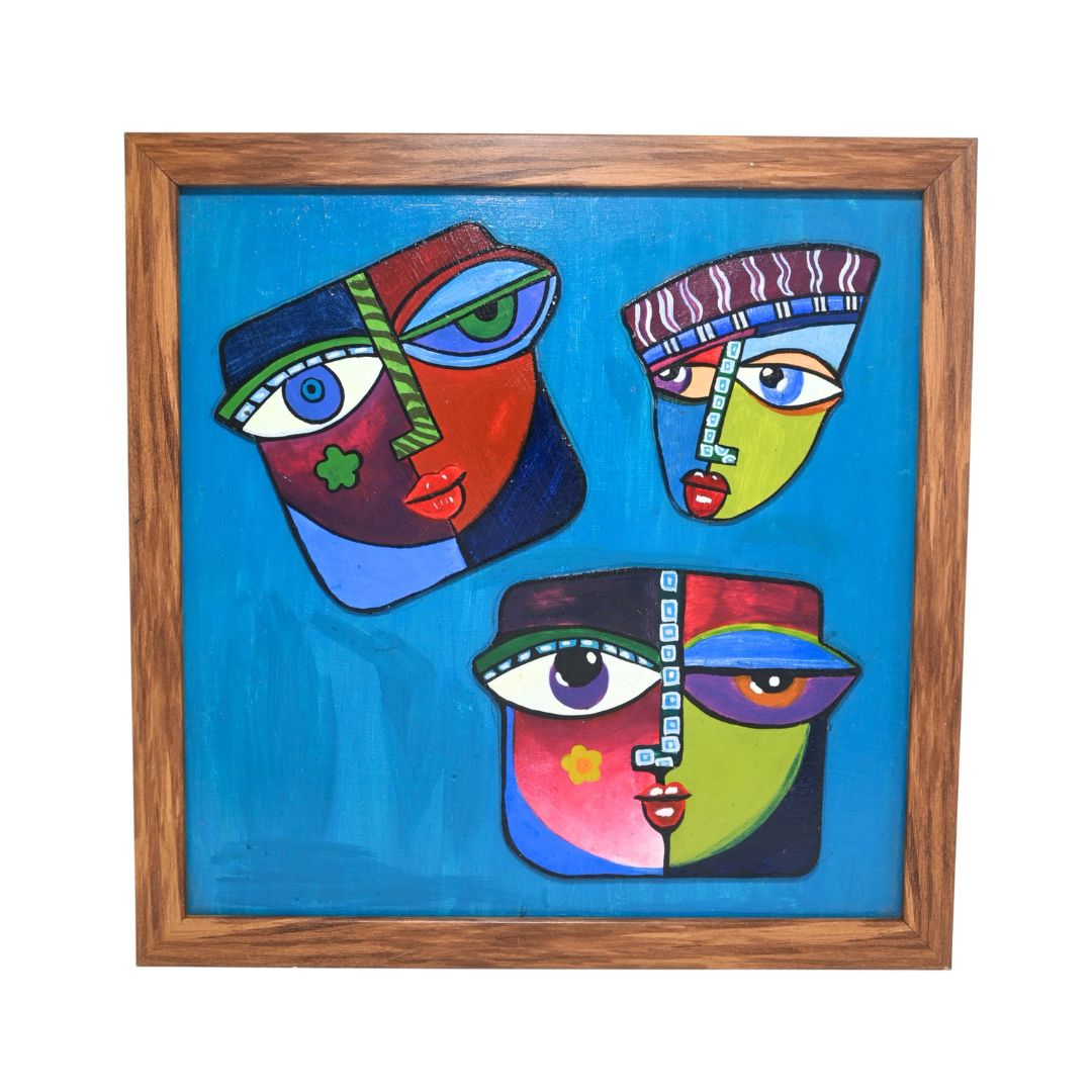 Indha Hand painted Abstract Faces Wall Art | Multicolour Décor with Repurposed Wood Frame &amp; Vegan Leather Back | Artistic Wall Accent Wood Applique