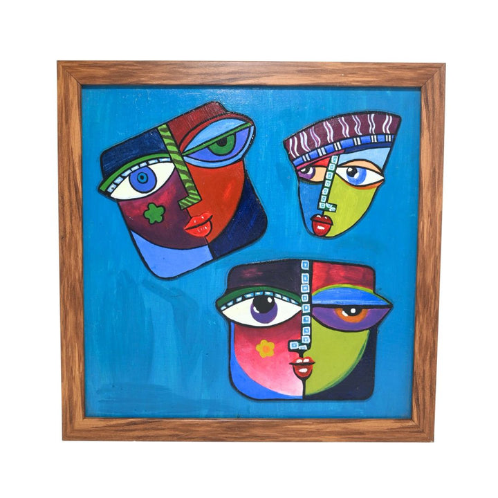Indha Hand painted Abstract Faces Wall Art | Multicolour Décor with Repurposed Wood Frame &amp; Vegan Leather Back | Artistic Wall Accent Wood Applique