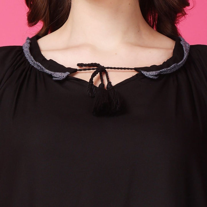 Indha Black Top With Tie-Up Neckline | Women's Black Top | Round Neck Rayon Top | Three Quarter Sleeves Top -XL