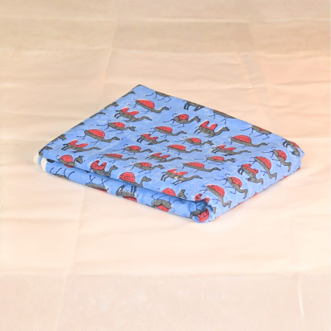 INDHA Hand Block-Printed Cotton Fabric | Red And Grey Camel Design Motif Sky Blue Cotton Fabric | Hand Block Printed Fabric | Home Utility | Fashion Utility | Gifting | Gifts For Him | Gifts For Her | Home Furnishing | Jaipuri Block Print Fabric
