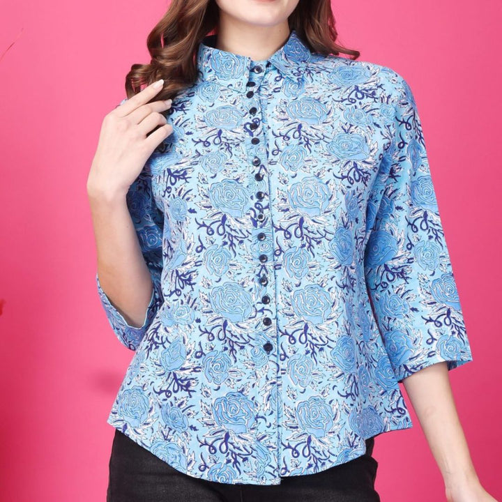 Indha Block Printed Azure Rayon Casual Shirt Collar 3/4th Sleeves Formal Wear Shirt For Women's-XL
