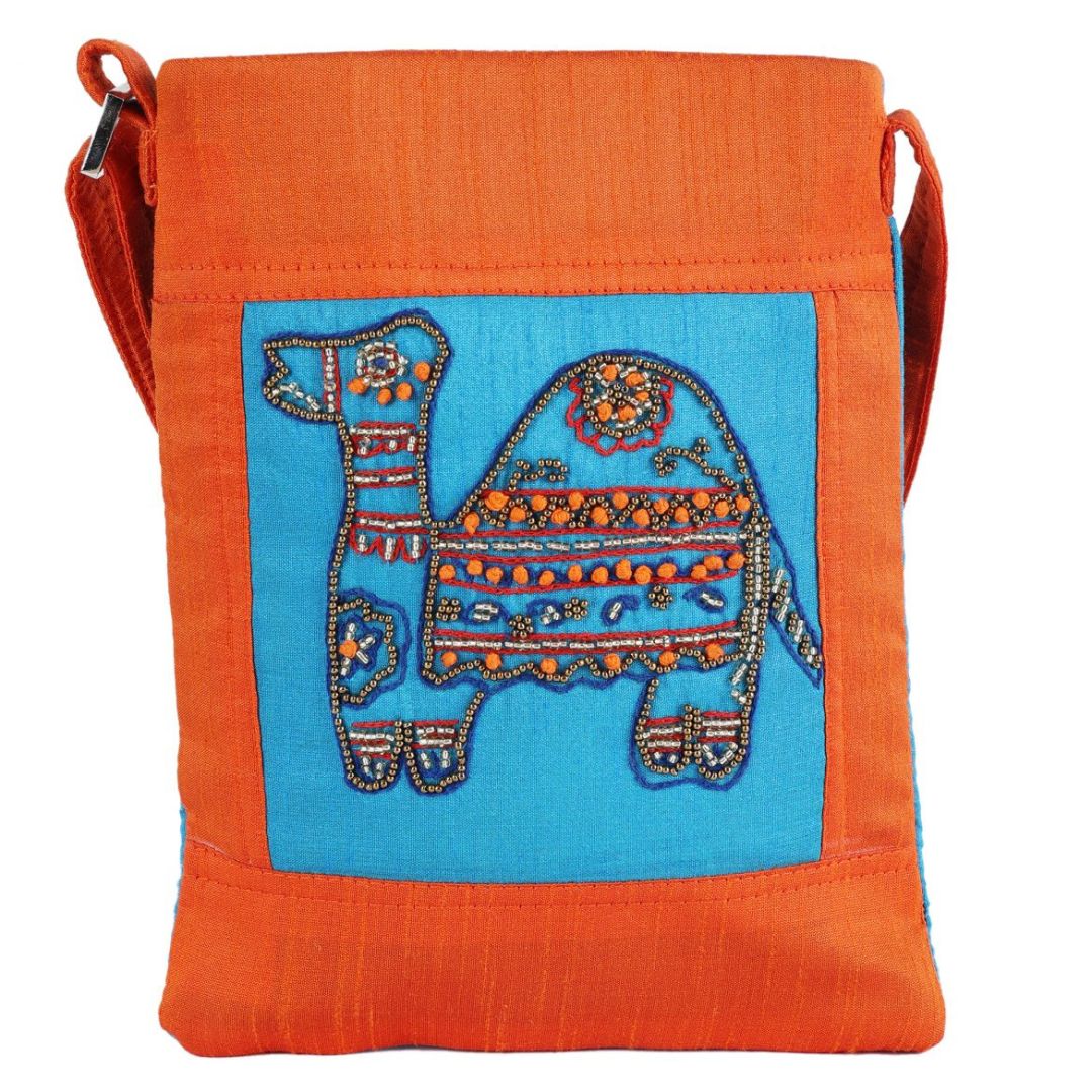 INDHA Camel Design Hand Embroidered Zardozi Work Orange & Sky Blue Sling Bag | Dupion Silk Sling Bag | Hand Crafted Sling Bag | Travel Utility | Cross Body Bag | Gifting | Fashion Bag | Fashion Accessory | Women Sling Bag