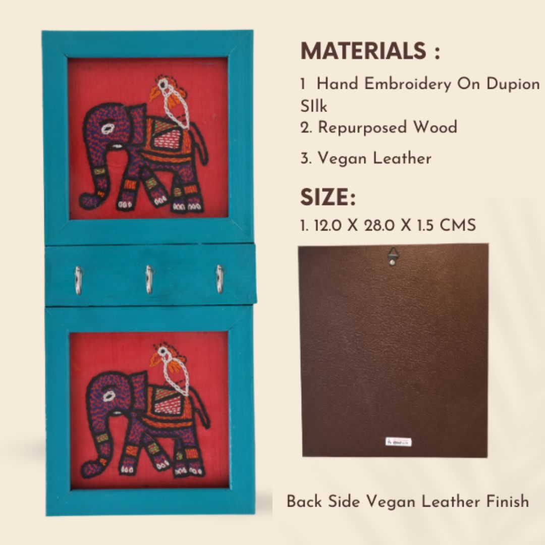 Indha Hand-Embroidered 3-Hook Key Holder | Elephant Motif Wall Art | Crafted with Repurposed Wood | Functional &amp; Artistic Home Accent