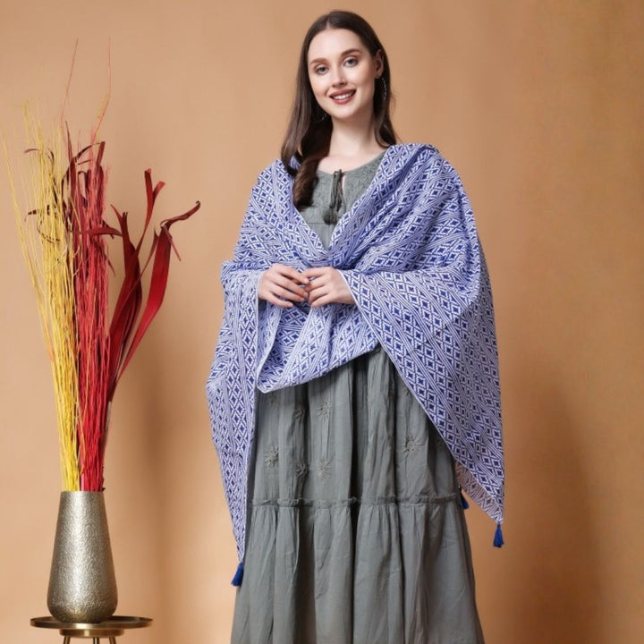 INDHA Stole | White Cotton Stole | Hand Block-Printed Blue Geometric Design Pattern | Hand Block Printed Stole | Stoles For Women | Traditional Stoles | Gifting | Fashion Wear | Indo Western Stole | Fashion Accessory